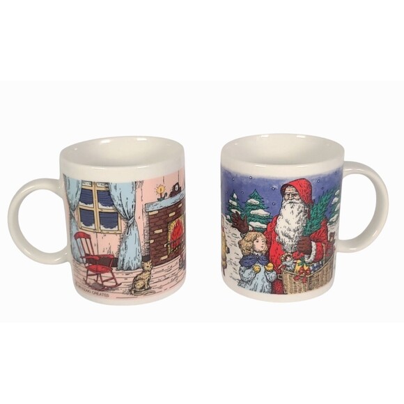 Vintage Christmas Coffee Mug Classic Victorian Santa Claus Winter Scene Set Of 2 - Picture 2 of 6